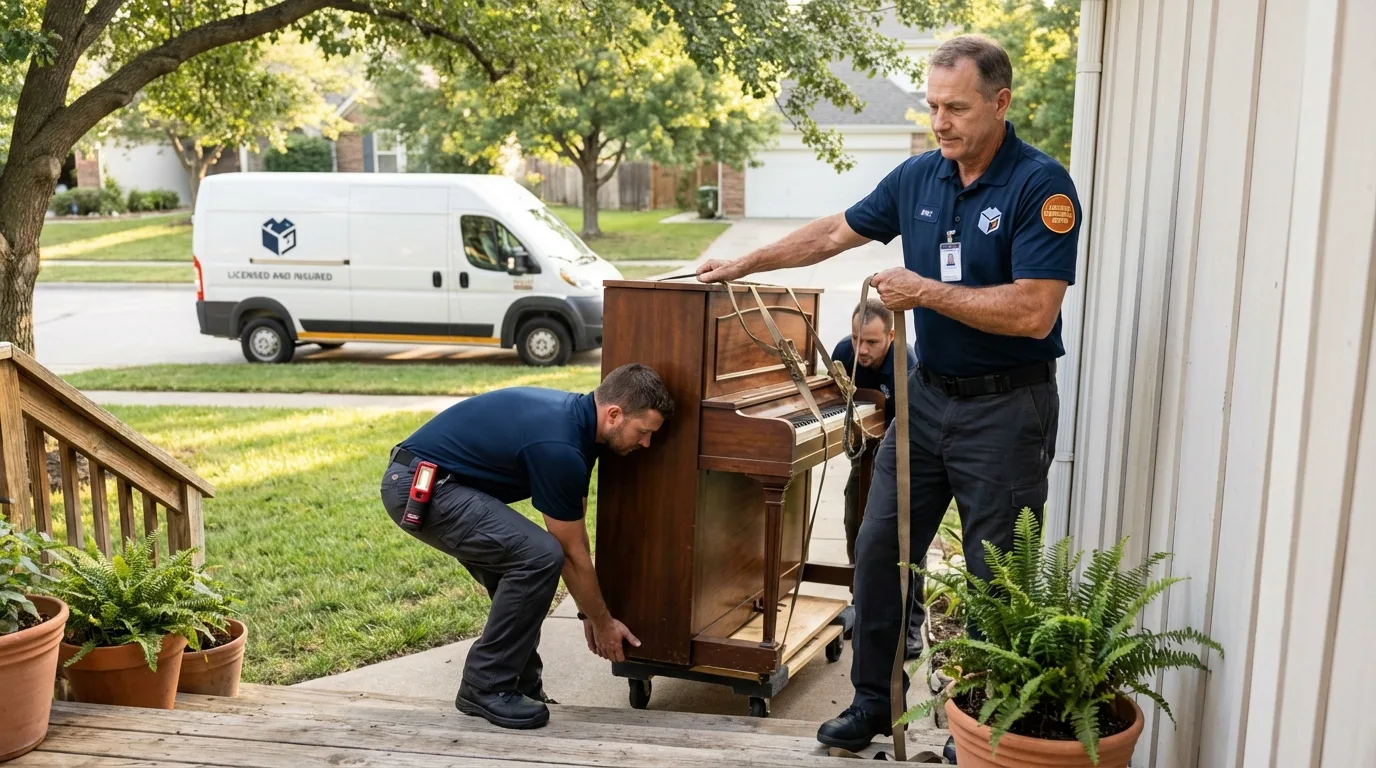 Licensed piano movers securing grand piano in Enterprise, AL